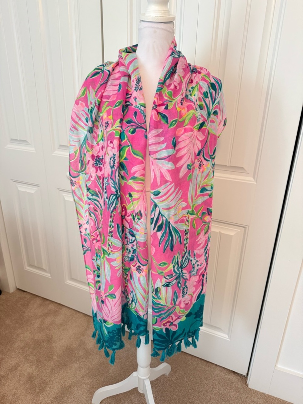 Lilly Pulitzer Pink Tropical Leaf Scarf with Teal & Lime Accents NWOT